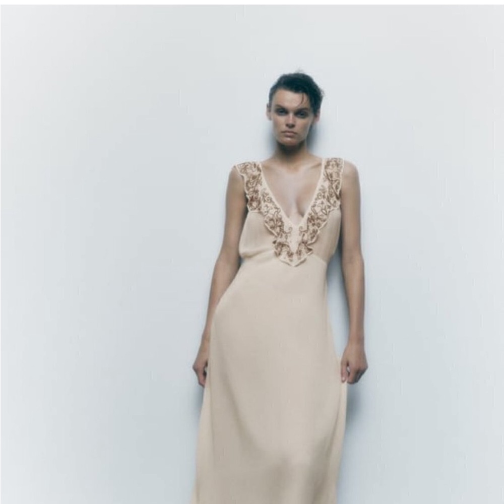 Zara Limited Edition Embroidered Beaded V-Neck Ivory Slip Maxi Dress 7521/652204 - Picture 7 of 15